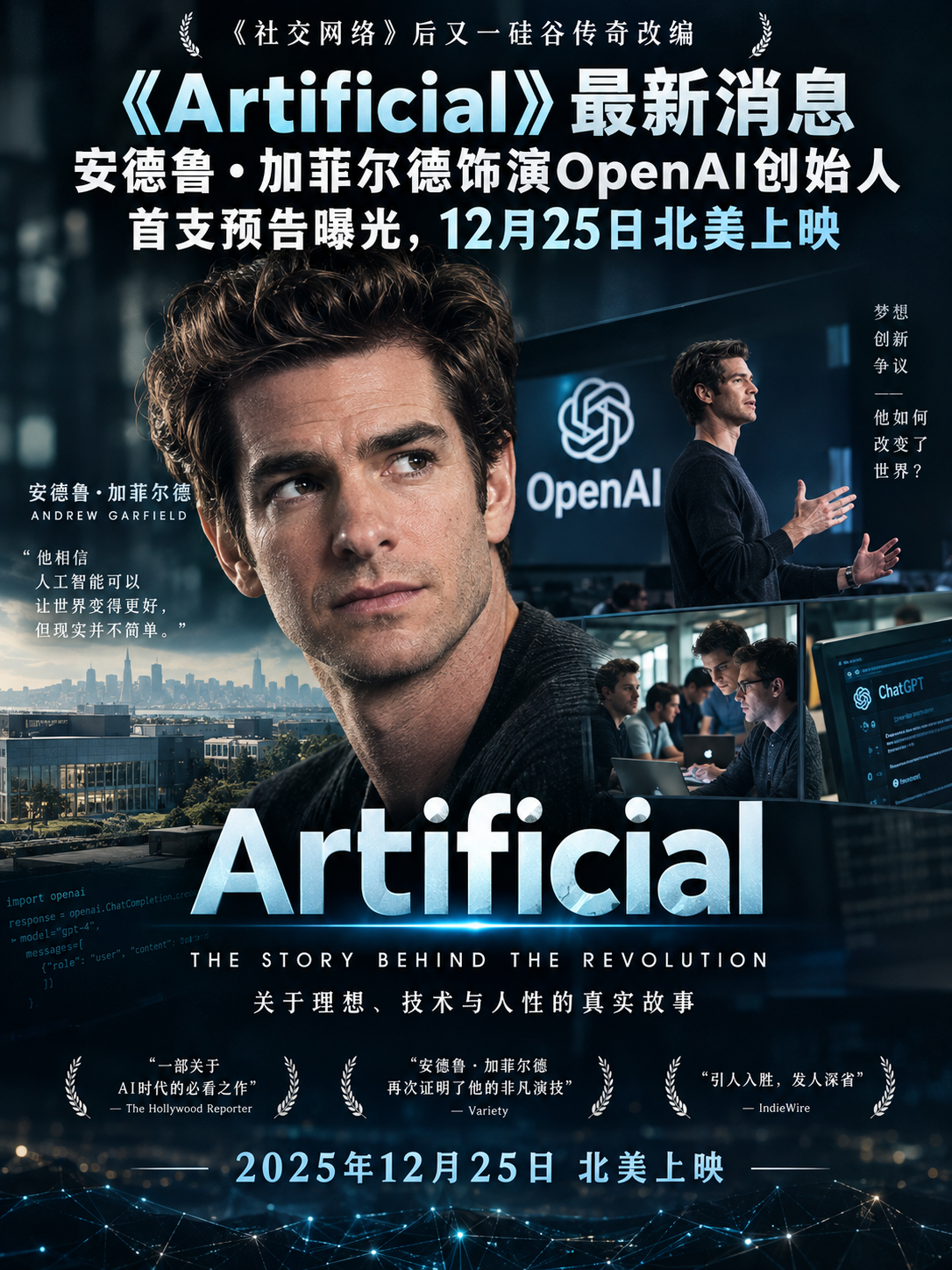 《Artificial》最新消息：安德鲁·加菲尔德饰演OpenAI创始人，首支预告曝光，12月25日北美上映