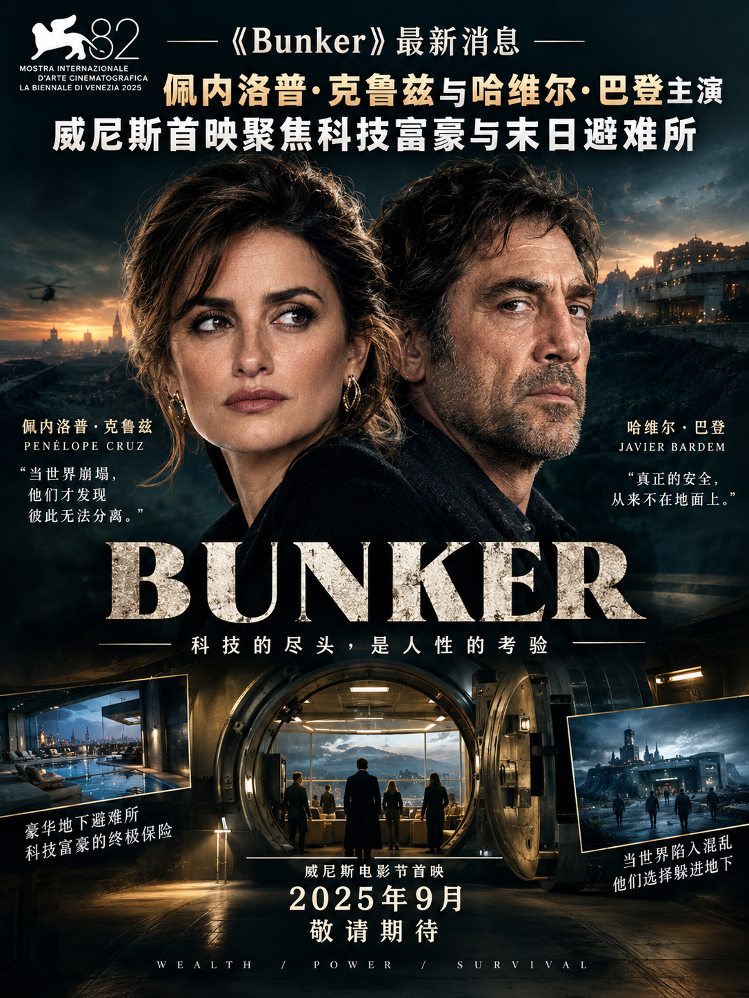 《Bunker》最新消息：佩内洛普·克鲁兹与哈维尔·巴登主演，威尼斯首映聚焦科技富豪与末日避难所