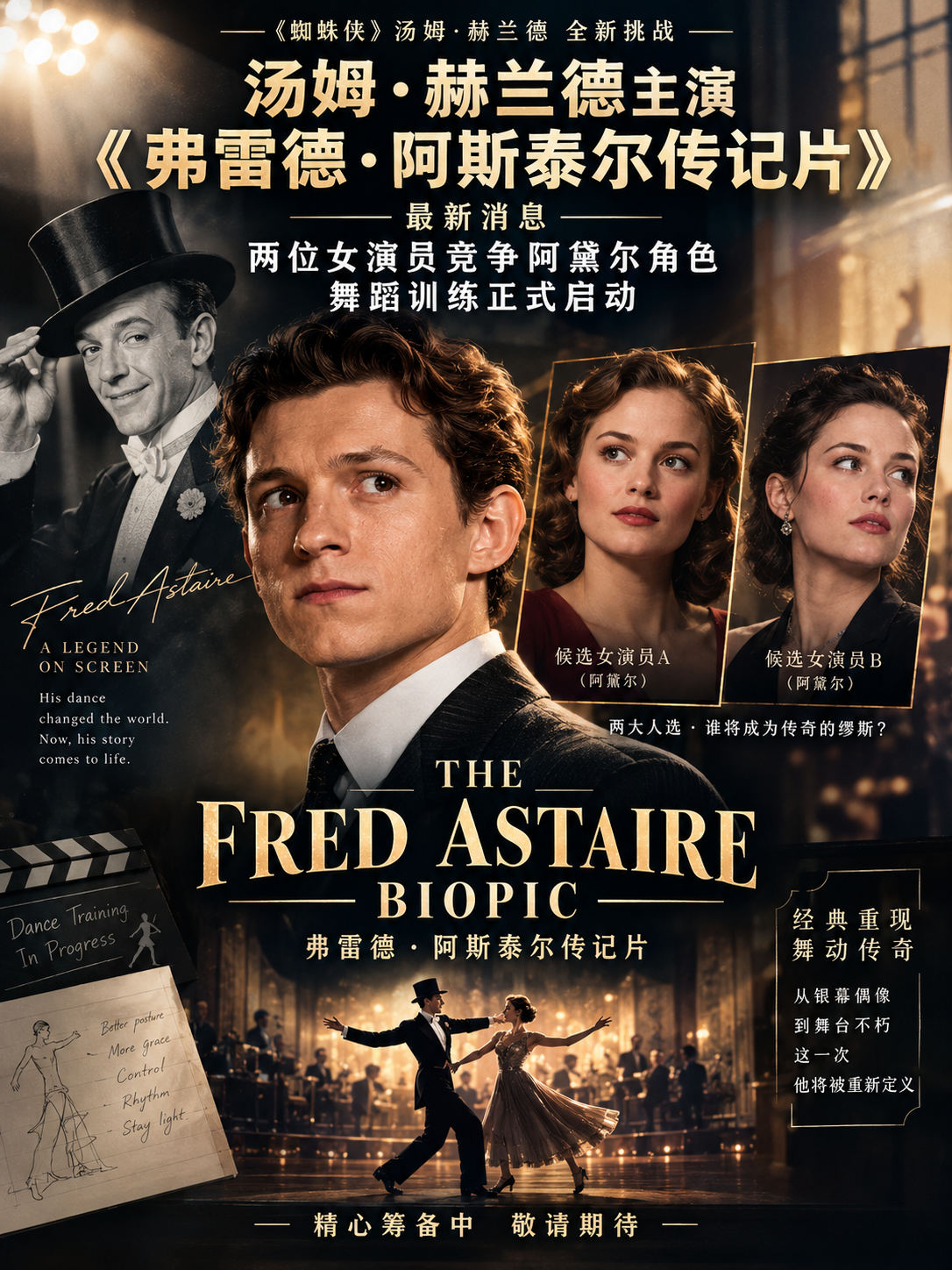 汤姆·赫兰德主演《弗雷德·阿斯泰尔传记片》最新消息：两位女演员竞争阿黛尔角色，舞蹈训练正式启动